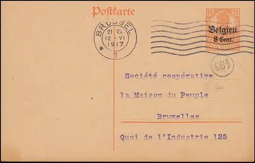 Zensur Belgien Postkarte P 10I als Orts-Postkarte BRÜSSEL 12.6.17 und Nummer 493
