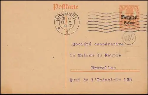 Zensur Belgien Postkarte P 10I als Orts-Postkarte BRÜSSEL 12.6.17 und Nummer 493