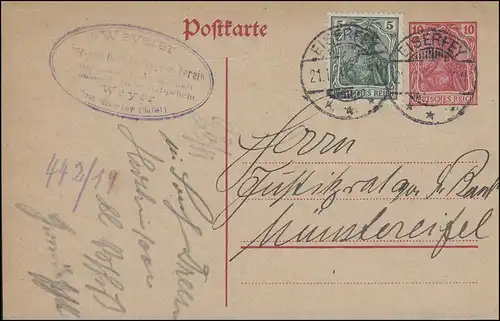 Postkarte P 107I + Germania 5 Darlehenskassen-Verein zu Weyer EISERFEY 21.11.19