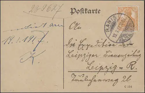 99 Germania EF auf Postkarte RANIS (KR. ZIEGENRÜCK) 18.1.17 nach Leipzig