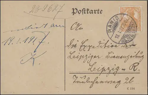 99 Germania EF sur carte postale RANIS (KR. ZIEGENRÜCK) 18.1.17 vers Leipzig