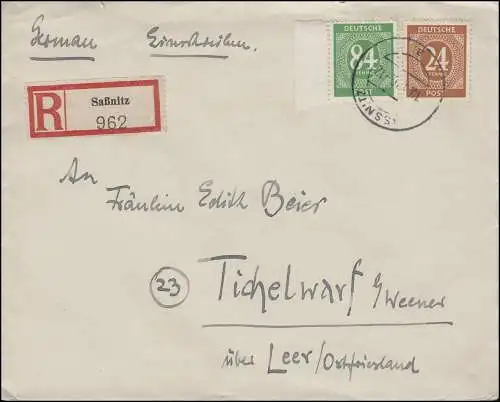 925+936 mit Rand Ziffern-MiF R-Brief SASSNITZ 10.6.46 nach Tichelwarf/Weener