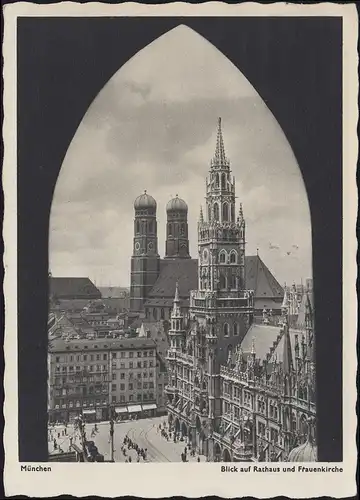 AK Munich - Vue sur l'hôtel de ville et l église des femmes, MÜNCHEN 31.8.55 à Stuttgart