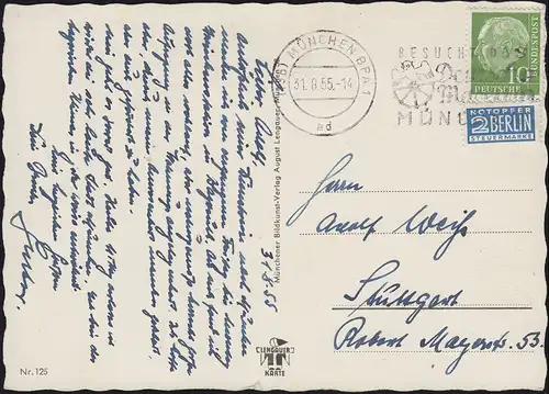 AK Munich - Vue sur l'hôtel de ville et l église des femmes, MÜNCHEN 31.8.55 à Stuttgart