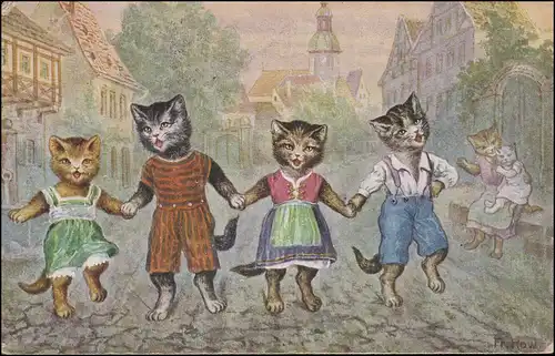 Ansichtskarte Fr. Row.  Vermenschlichte Katzen / Cats, geschrieben 3.9.1930 