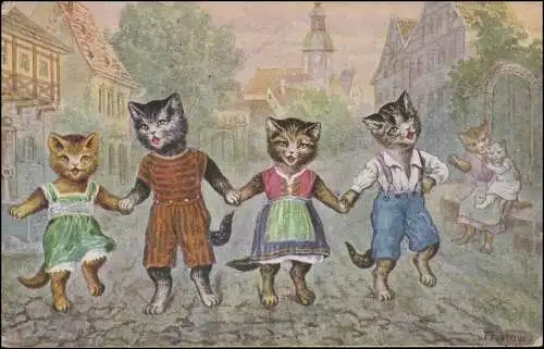 Ansichtskarte Fr. Row.  Vermenschlichte Katzen / Cats, geschrieben 3.9.1930 