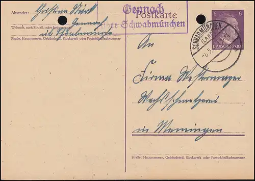 Landpost Gennach über SCHWABMÜNCHEN 6.5.1944 auf Postkarte P 299I