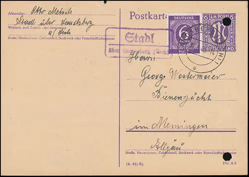 Landpost Stadl über LANDSBERG (LECH) 30.5.46 auf Postkarte P 903 mit Zusatzfr.