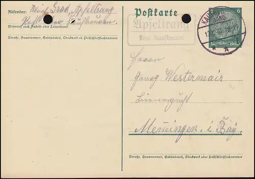Landpost Apfeltrang über KAUFBEUREN (LAND) 12.12.35 auf Postkarte P 226I