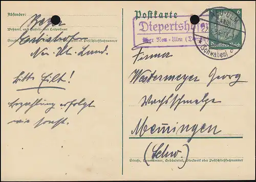 Pays-Bas: Diepertshofen via NOUVEAU-ULM (LAND) 22.6.35 sur carte postale P 226I