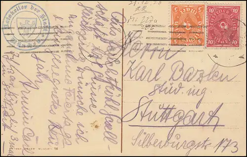 AK Neues Rathaus MÜNCHEN 23.12.1922 - portogerecht als Postkarte im Fernverkehr