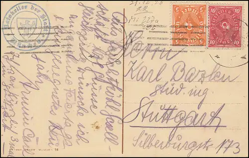 AK Nouvelle mairie MUNICHEN 23.12.1922 - porto approprié comme carte postale à longue distance