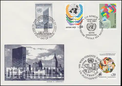 Série permanente des symboles des Nations unies - FDC des bijoux des 3 numéros des NU 10.5.1991