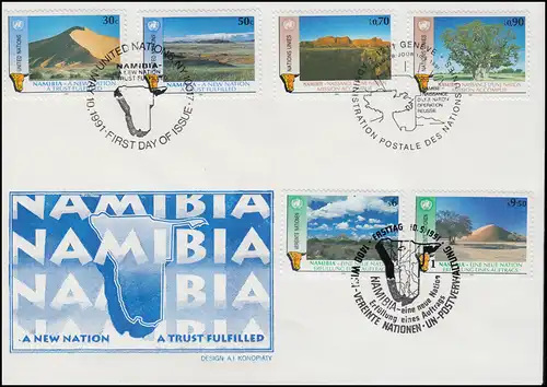 Namibia: Eine neue Nation - Schmuck-FDC der 3 UNO-Ausgaben 10.5.1991