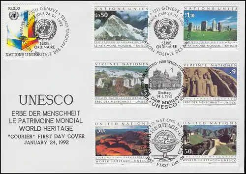 UNESCO: Erbe der Menschheit - Schmuck-FDC der 3 UNO-Ausgaben 24.01.1992