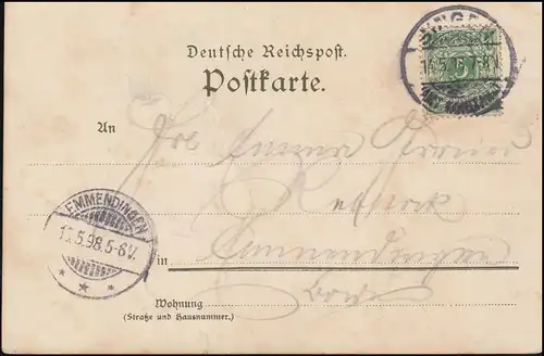 AK Gruss de l'île de Reichenau, SINGEN 14.5.1898 vers EMMENDINGE 15.5.98