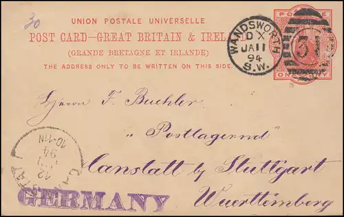 Großbritannien Postkarte P 26 DUP WANDSWORTH DX 31 - 11.1.1894 nach CANSTATT