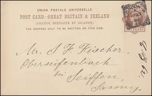 Großbritannien Postkarte P 18 Rost-Stempel LONDON N.W. 23.4.1885 n. Deutschland