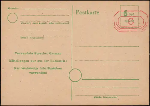 Notausgabe/Behelfsausgabe Postkarte Bremen RPD: P A18II 6 auf 6 Pf. ungebraucht