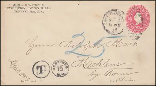 USA-Ganzsache Umschlag 2 Cents mit Nachporto- und Taxe-O, GREENSBORO 12.9.1899