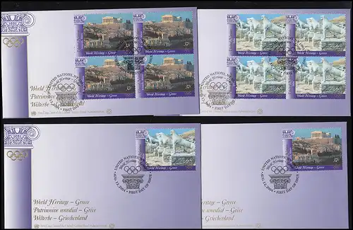 UNO New York UNESCO Grèce Marques individuelles et quadruple bloc sur 2 bijoux FDC