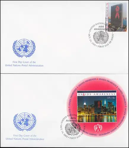 UNO New York: Lutte contre le sida 2002 - Marque et bloc 22 sur 2 Bijoux FDC