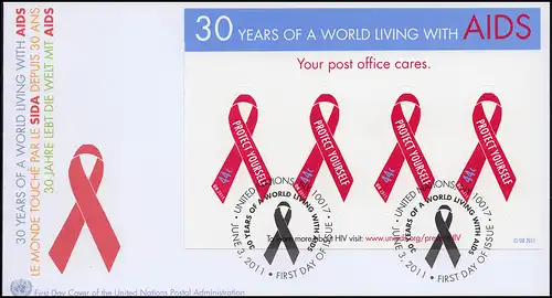 UNO New York: 30 Jahre Aidsbekämpfung - Folienblatt auf Schmuck-FDC 2011