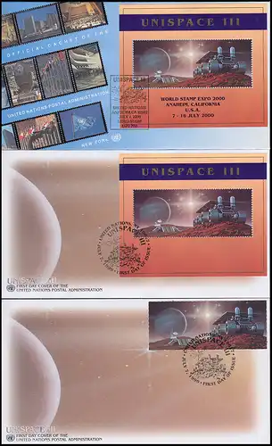 UNO New York: Weltraum UNISPACE Block 16, Block 16I und Paar auf 3 Schmuck-FDC