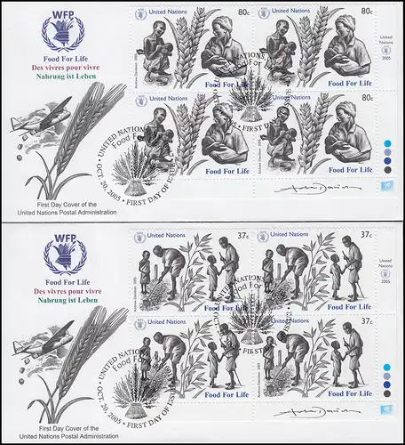 UNO New York: Nahrung ist Leben Satz als Eckrand-Viererblöcke auf 2 Schmuck-FDC