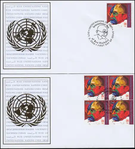 Uno New York: Gewaltlosigkeit / Gandhi Einzelmarke Viererblock auf 2 Schmuck-FDC