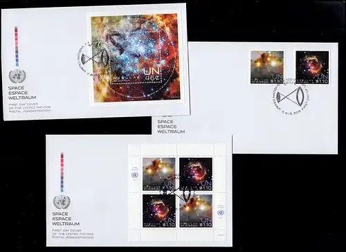 UNO New York: Weltraum 2013 Satz Viererblock-Kleinbogen Block auf 3 Schmuck-FDC