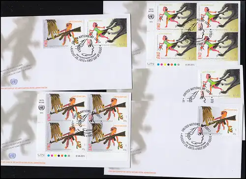 UNO New York: UNICEF Enfants ensemble de timbres individuels ER-Quatrierblock sur 4 Bijoux FDC