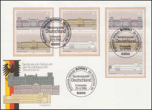 1287-1289 Demokratie Gebäude: 3 ZD aus Block 20 auf einem Schmuck-FDC ESSt Bonn