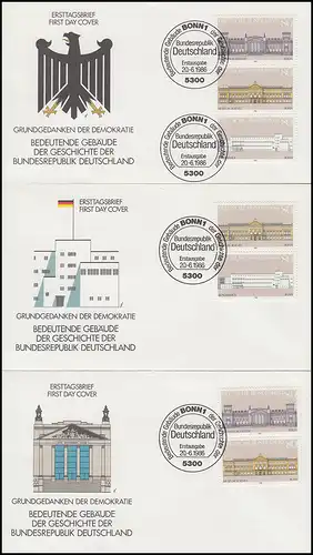 1287-1289 Demokratie Gebäude: 3 ZD aus Block 20 auf 3 Schmuck-FDC's ESSt Bonn