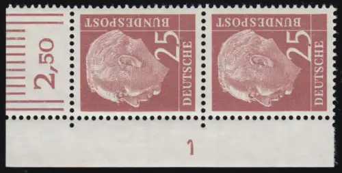 186xw Heuss 25 Pf Eckrandpaar mit Druckerzeichen DZ 1 positiv, ungefaltet, **