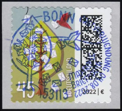 3713 Briefbaum 45 Cent sk aus 500er mit GERADER Nummer, EV-O BONN