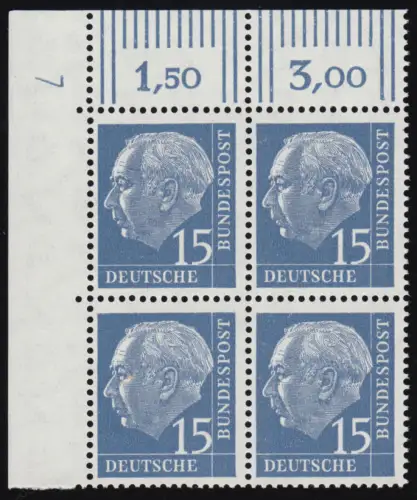 184xw Heuss 15 Pf ER-Quatre bloc en haut à gauche avec DZ 7 positif, non plié, **