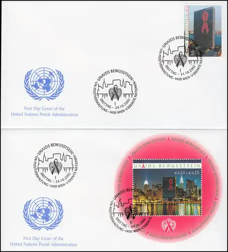 UNO Wien UNAIDS Aidsbekämpfung 2002 - Marke und Block 16 auf 2 Schmuck-FDC