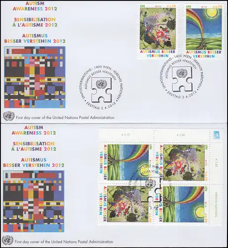 UNO Wien Autismus besser verstehen: Satz und ER-Viererblock-ZD auf 2 Schmuck-FDC
