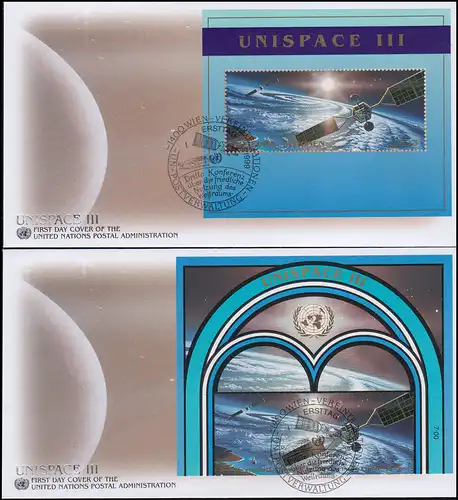 UNO Wien: Weltraum UNISPACE 1999 Oberrand-Paar und Block 10 je auf Schmuck-FDC