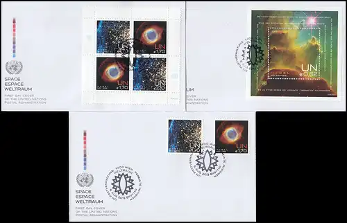 UNO Wien Weltraumwoche 2013 Satz Viererblock-Kleinbogen Block auf 3 Schmuck-FDC