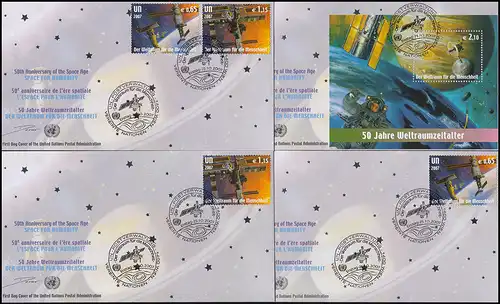 UNO Wien Weltraumfahrt 2007: Satz Einzelmarken Block je auf Schmuck-FDC
