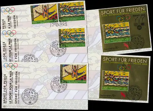 UNO Wien: Olympia Peking 2008 Satz Einzelmarken Block 22+22I je auf Schmuck-FDC