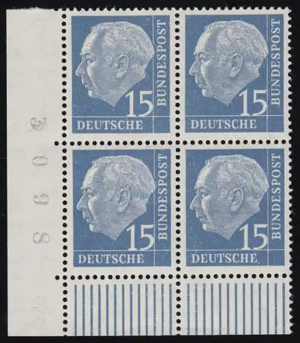 184xw Heuss 15 Pf ER-Quatre bloc en bas à gauche avec GT 4 chiffres, non plié, **