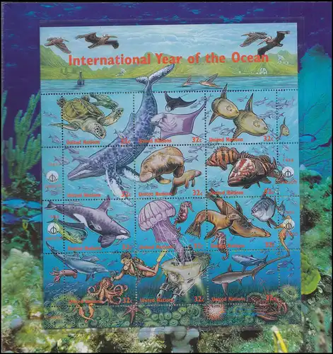 Klappkarte UNO New York 771-782 Jahr des Ozeans 1998 Zusammendruck-Bogen **/MNH