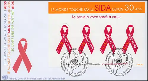 UNO Genf: 30 Jahre Aidsbekämpfung - Folienblatt auf Schmuck-FDC 2011