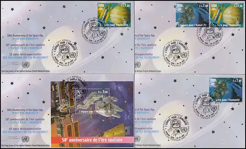 L'ONU Genève: 50 ans de navigation spatiale en tant que jeu de timbres individuels bloc sur 4 bijoux FDC