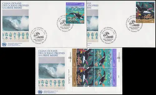 UNO Genf: Saubere Meere 1992 Einzelmarken ER-Viererblock recht auf 3 Schmuck-FDC