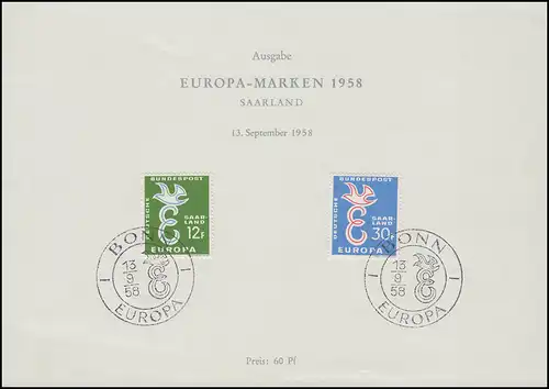 439-440 ETB-Vorläufer Saarland Europa 1958, kleiner Eckknick / leicht bügig