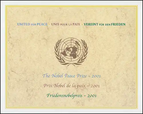 Klappkarte UNO New York 888 Friedensnobelpreis 2001 an die UNO, Kleinbogen ESSt